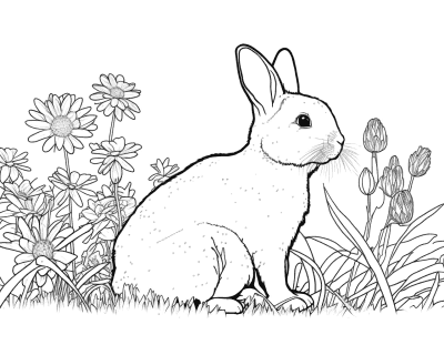 Színező egy oldalról látható nyúllal a fűben, margaréták és tulipánbimbók között